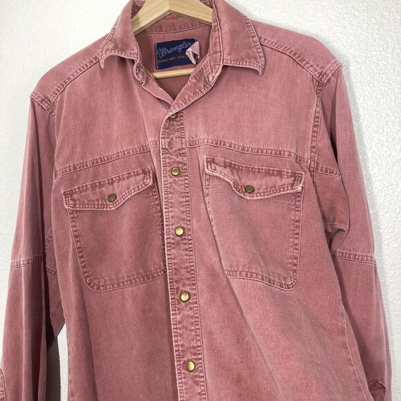 Wrangler Shirt Mens 15.5-35 Medium Pink red Denim Western Snap Long Sleeve - Picture 16 of 16